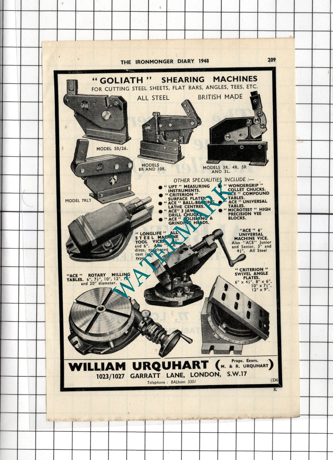 William Urquhart Ltd Garratt Lane London - 1948 Small Advert