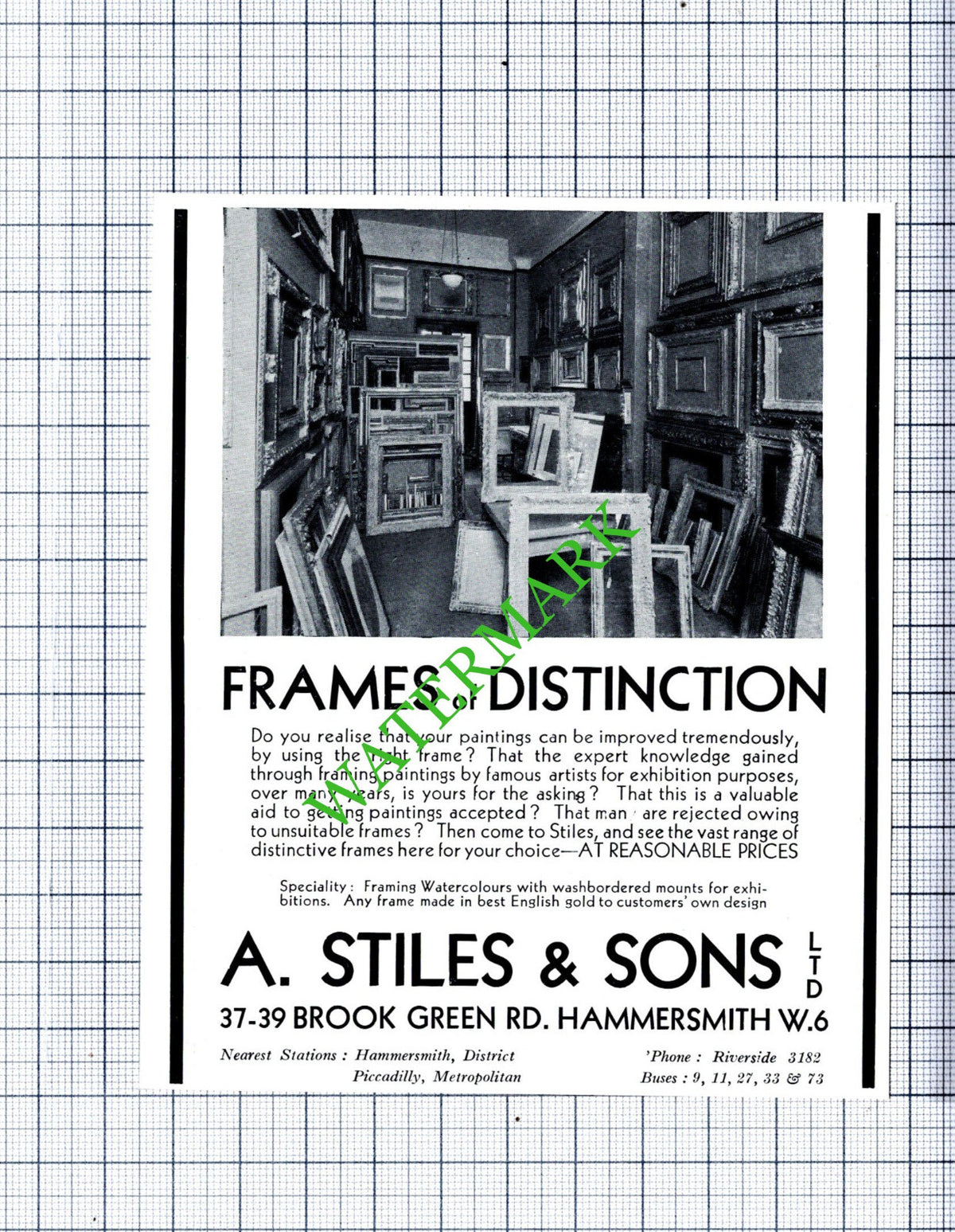 A Stiles & Sons Hammersmith London Frames Small Advert - 1930's Cutting