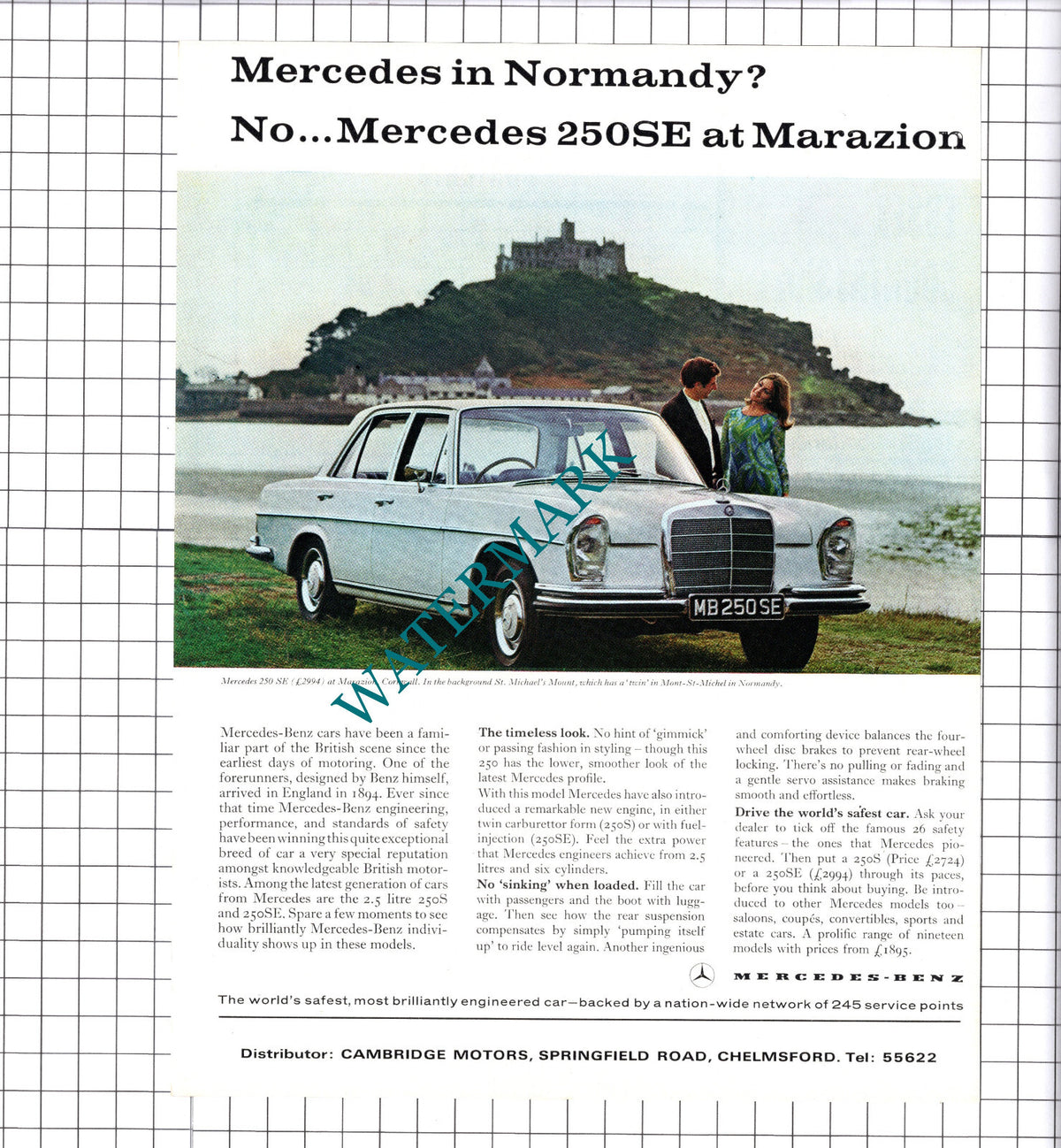 Mercedes 250 SE ADVERT Marazion St Michael's Mount-  1967 Clipping / Print