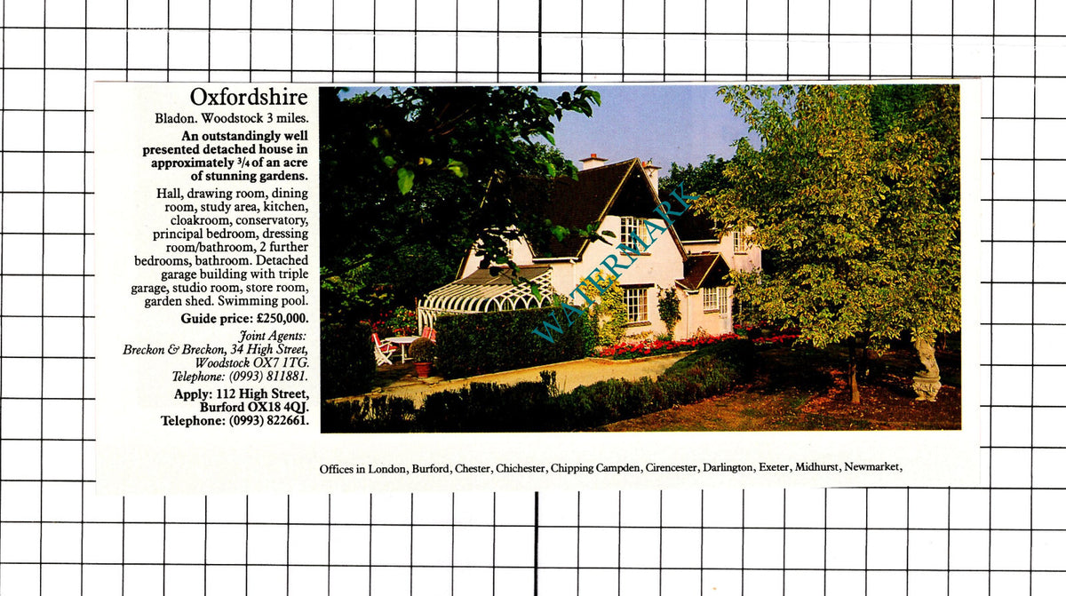 Bladon Oxfordshire House  Sale Advert - 1991 Clipping / Print