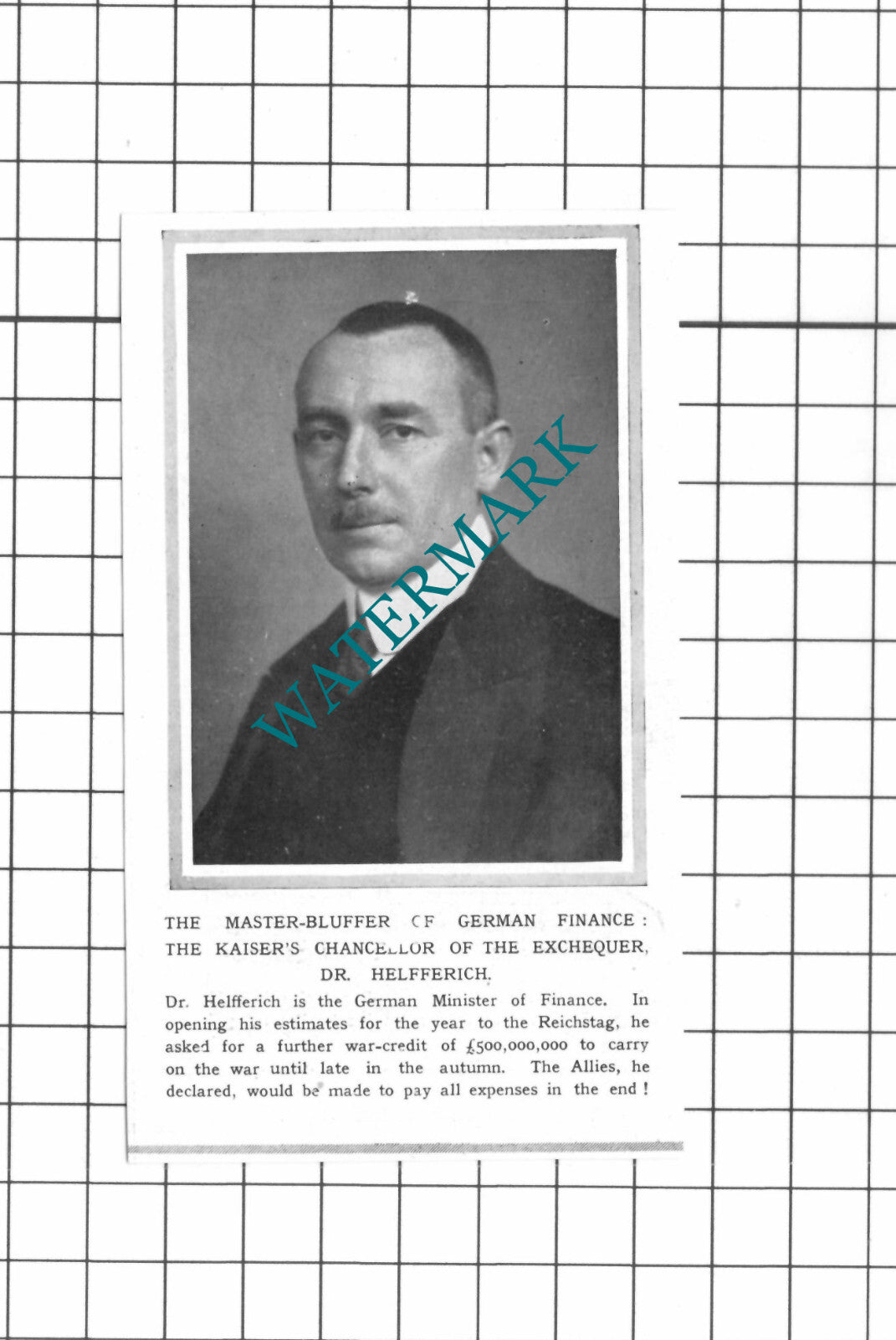 Dr Helfferich German Minister  Great War - 1915 SMALL Clipping / Print