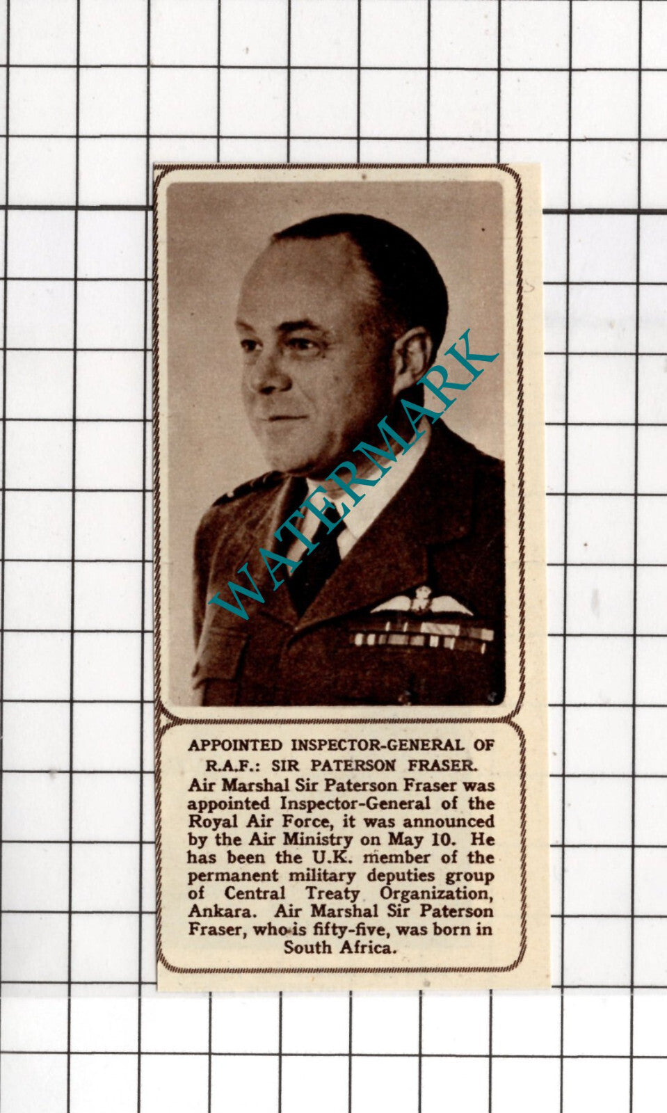 Sir Paterson Fraser RAF - 1962 Small News Cutting