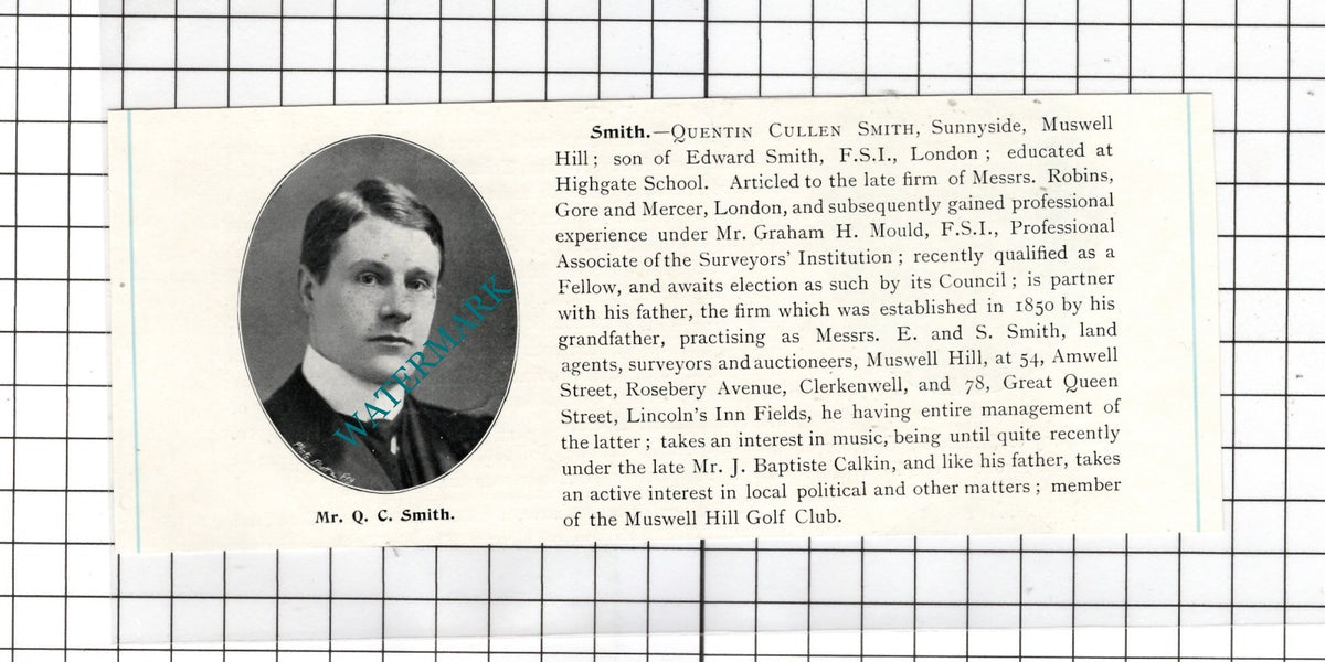 Mr Quentin Cullen Smith Sunnyside Muswell Hill London - c.1905 Clipping
