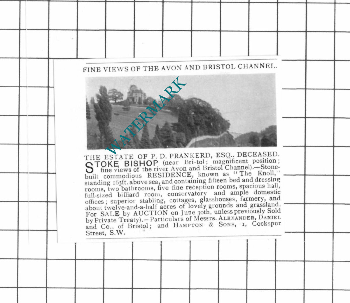P D Prankerd Esq The Knoll Stoke Bishop Sale Advert  - 1903 SMALL Clipping