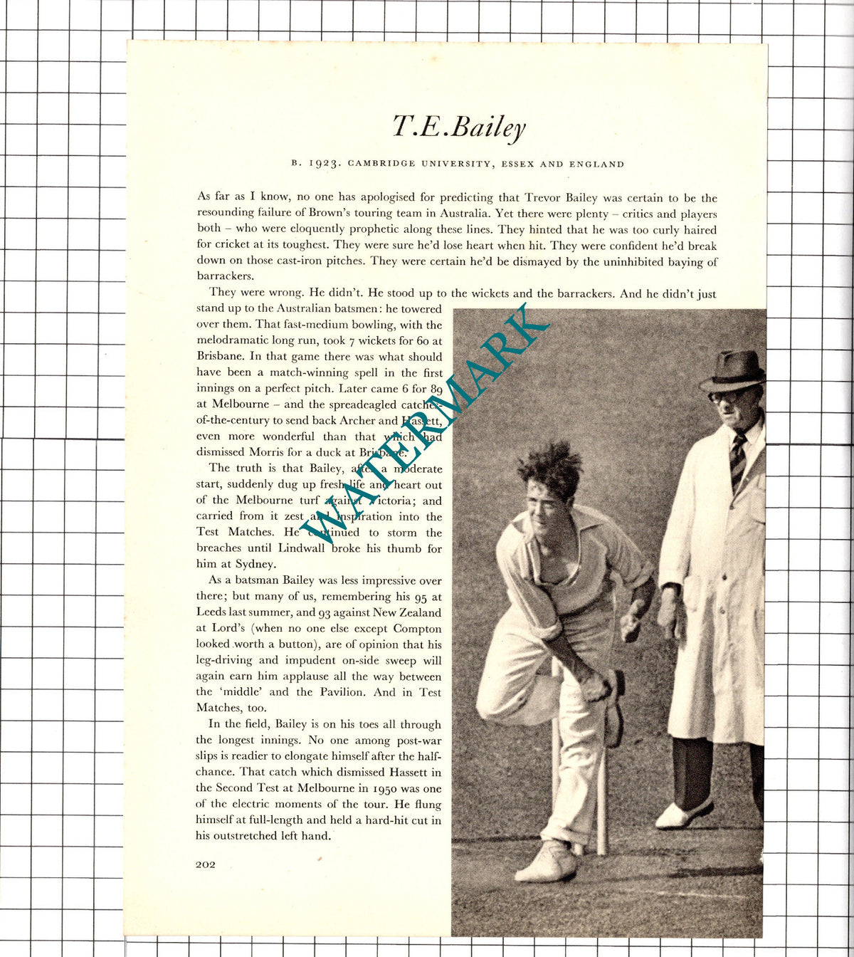 William Arras Johnston Cricketer / Trevor Bailey Cricket - 1952 Book Print