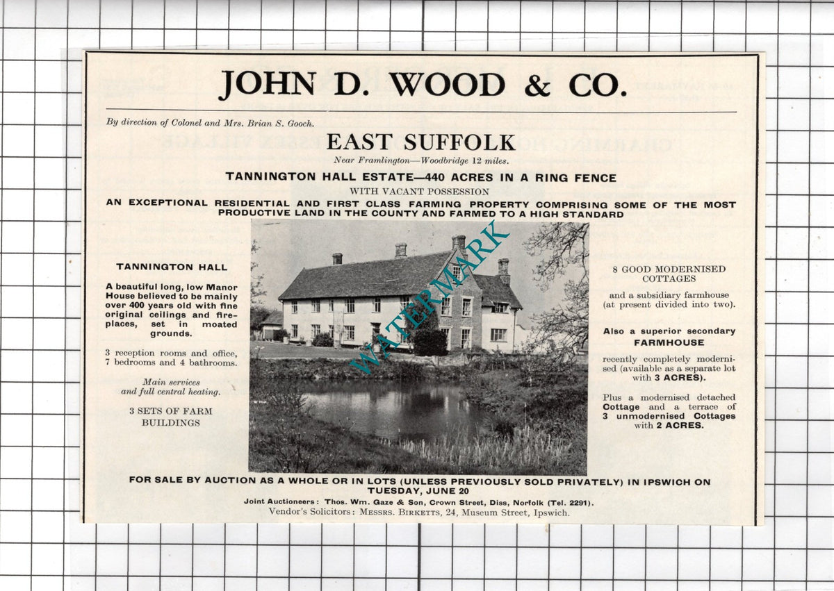Col Brian S Gooch Tannington Hall Estate Suffolk  - 1967  House Sale Advert