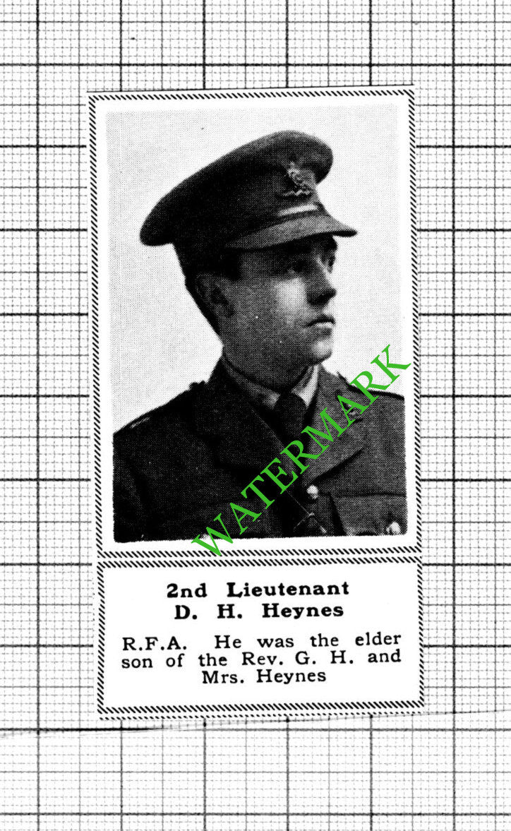 2nd Lt D H Heynes RFA Rev G H Heynes Great War  WW1 - 1918 SMALL Cutting