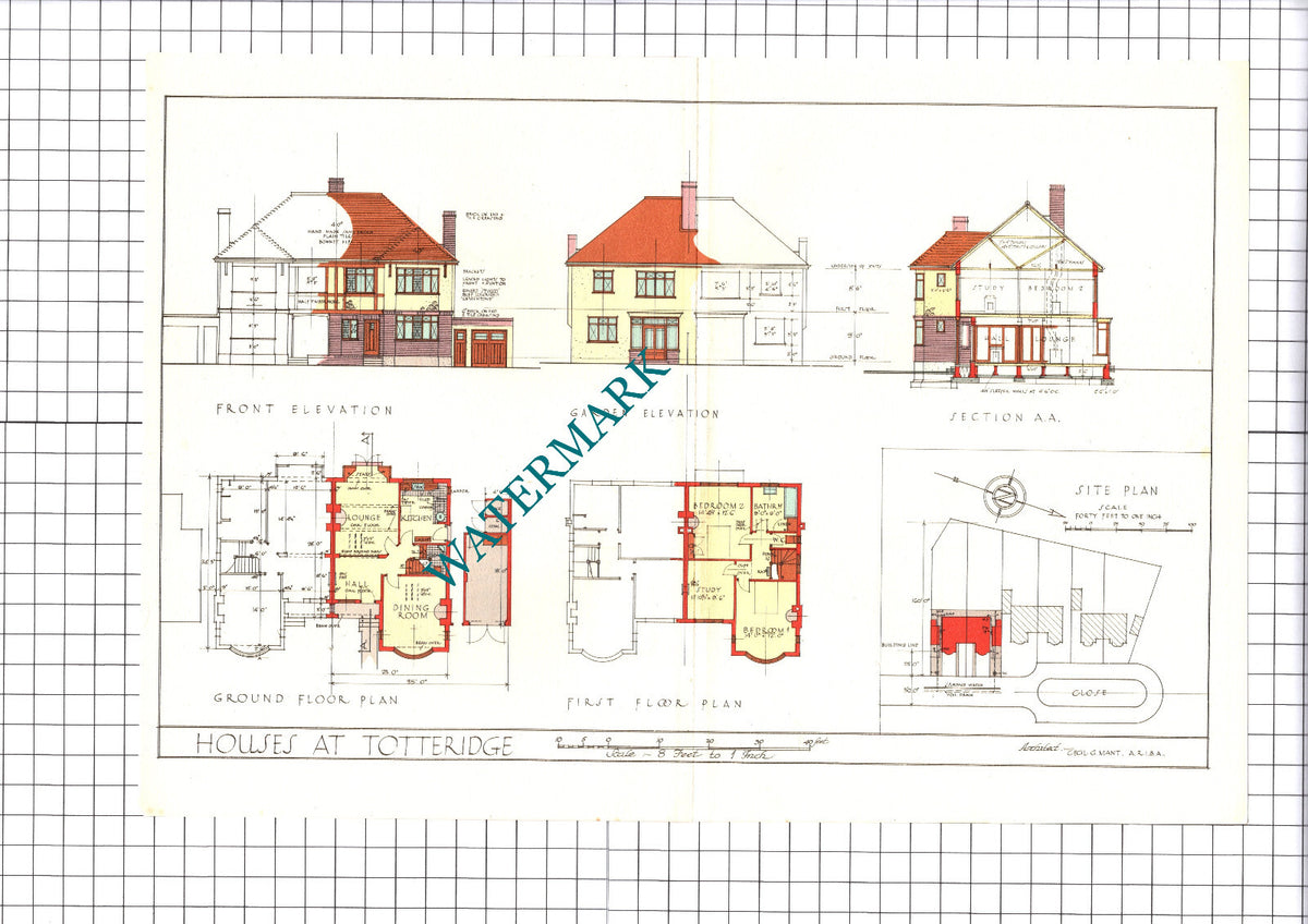 Totteridge London Houses Cecil G Mant Architect   - c.1940s Print / Pullout