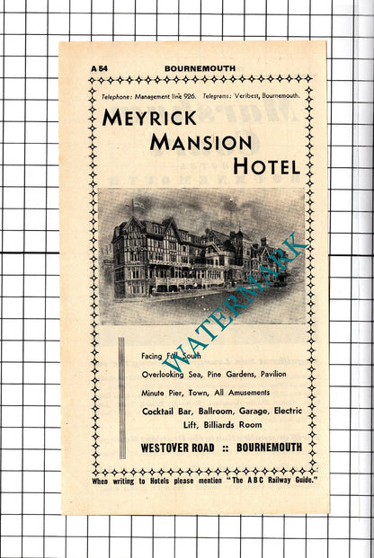 Marsham Court Hotel Bournemouth / Meyrick Mansion Hotel Advert - 1958 Cutting