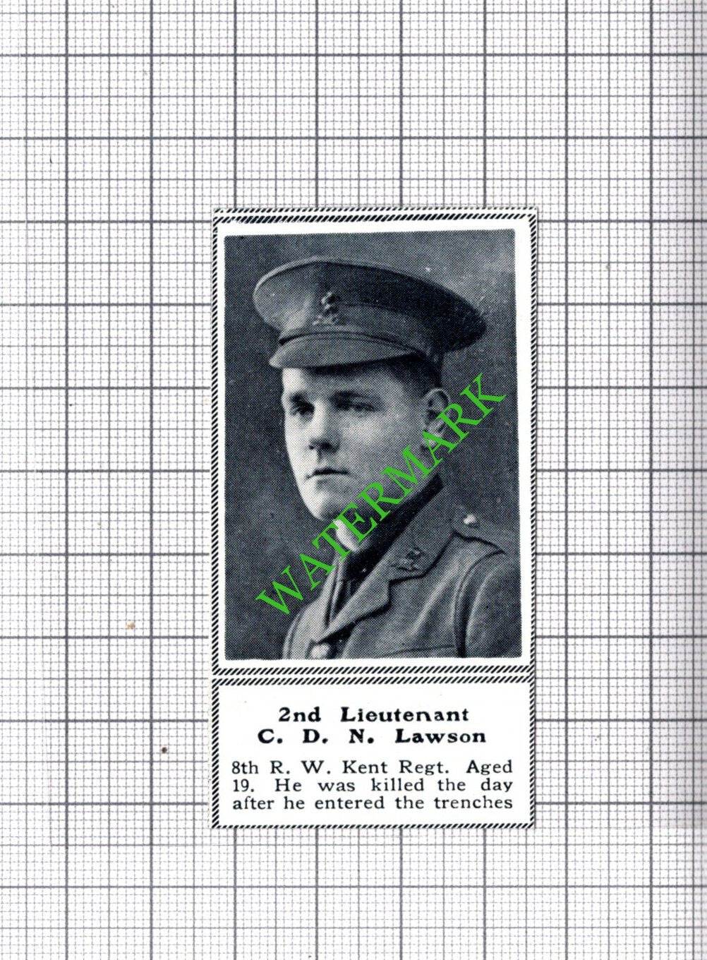 2nd Lt CDN Lawson 8th R W Kent Regt - c.1918 SMALL Cutting
