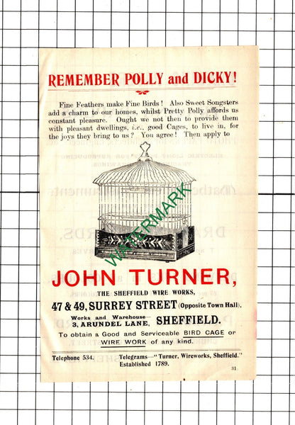 John Turner Sheffield Wire Works / Pawson & Brailsford Sheffield - 1902 Advert