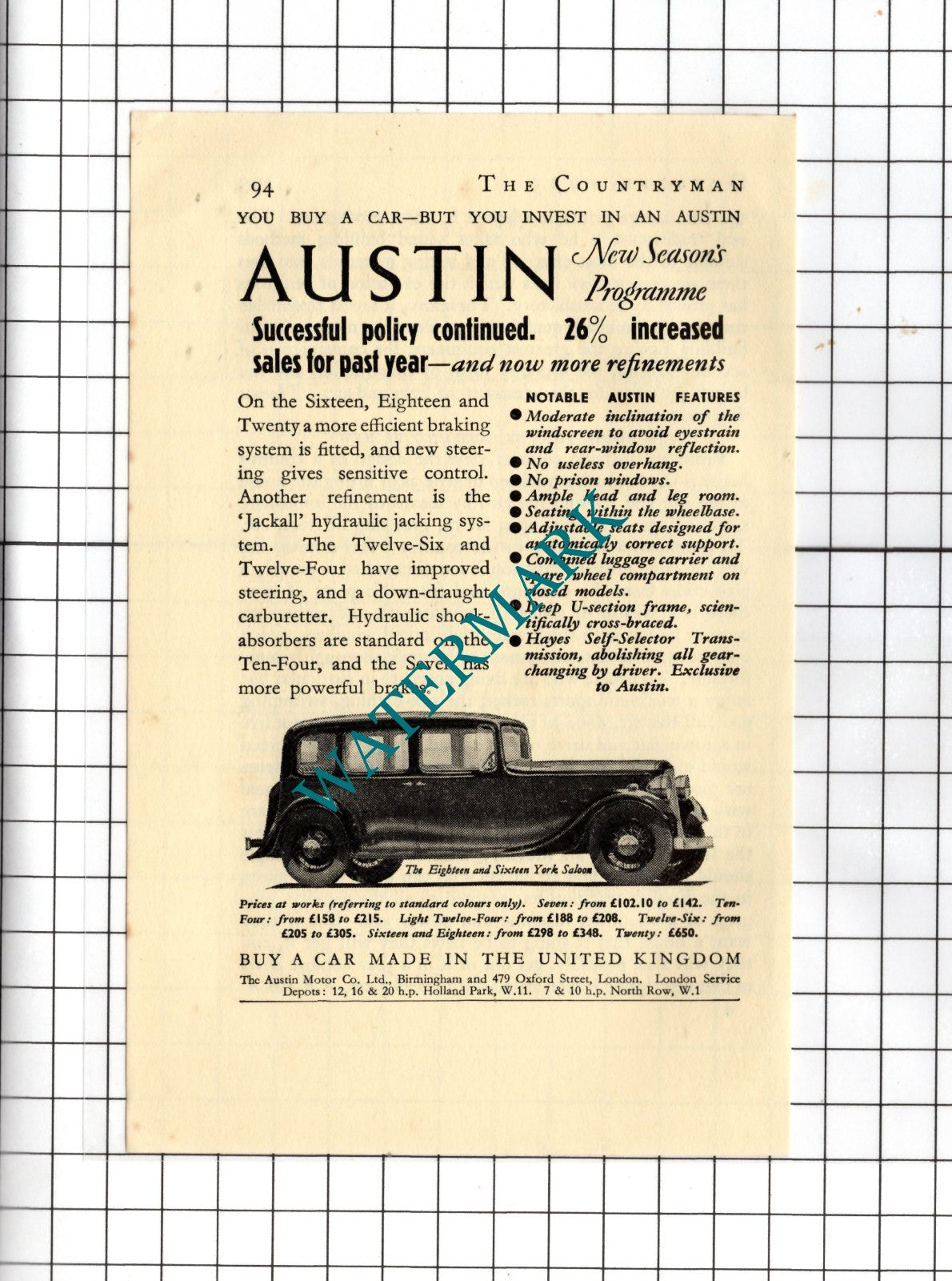 Austin Eighteen Austin Sixteen York Saloon Austin Car Small Advert    - 1935