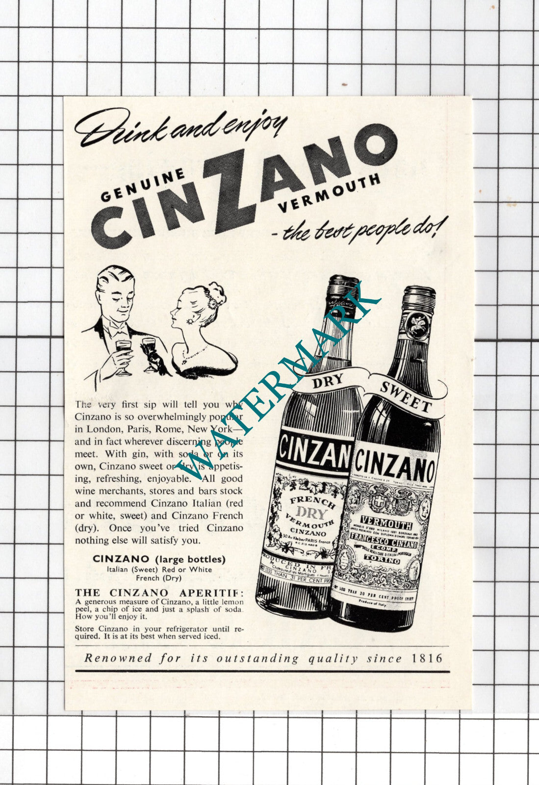Cinzano Vermouth Advert  - 1951 SMALL Clipping
