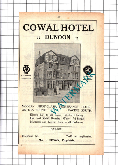 Cowal Hotel Dunoon Brown /M'Colls Hotel William Wallace Advert - 1939 Cutting
