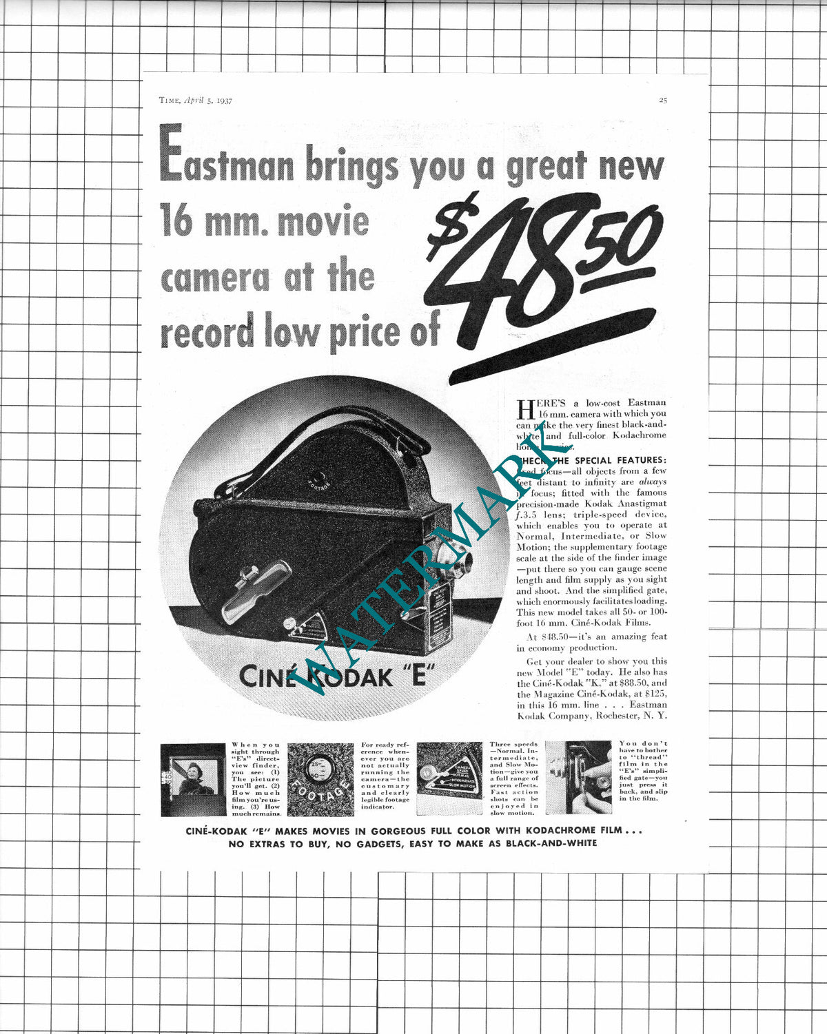 Eastman Cine Camera ADVERT - 1937 Clipping / Print