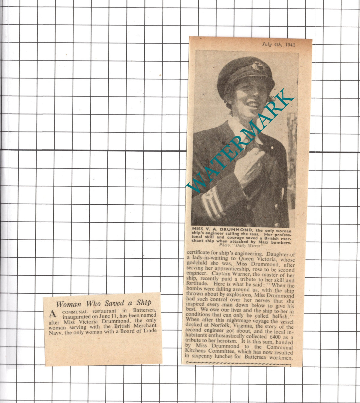 Miss Victoria Drummond Merchant Navy WW2  - 1941 Two-Part Clipping / Print