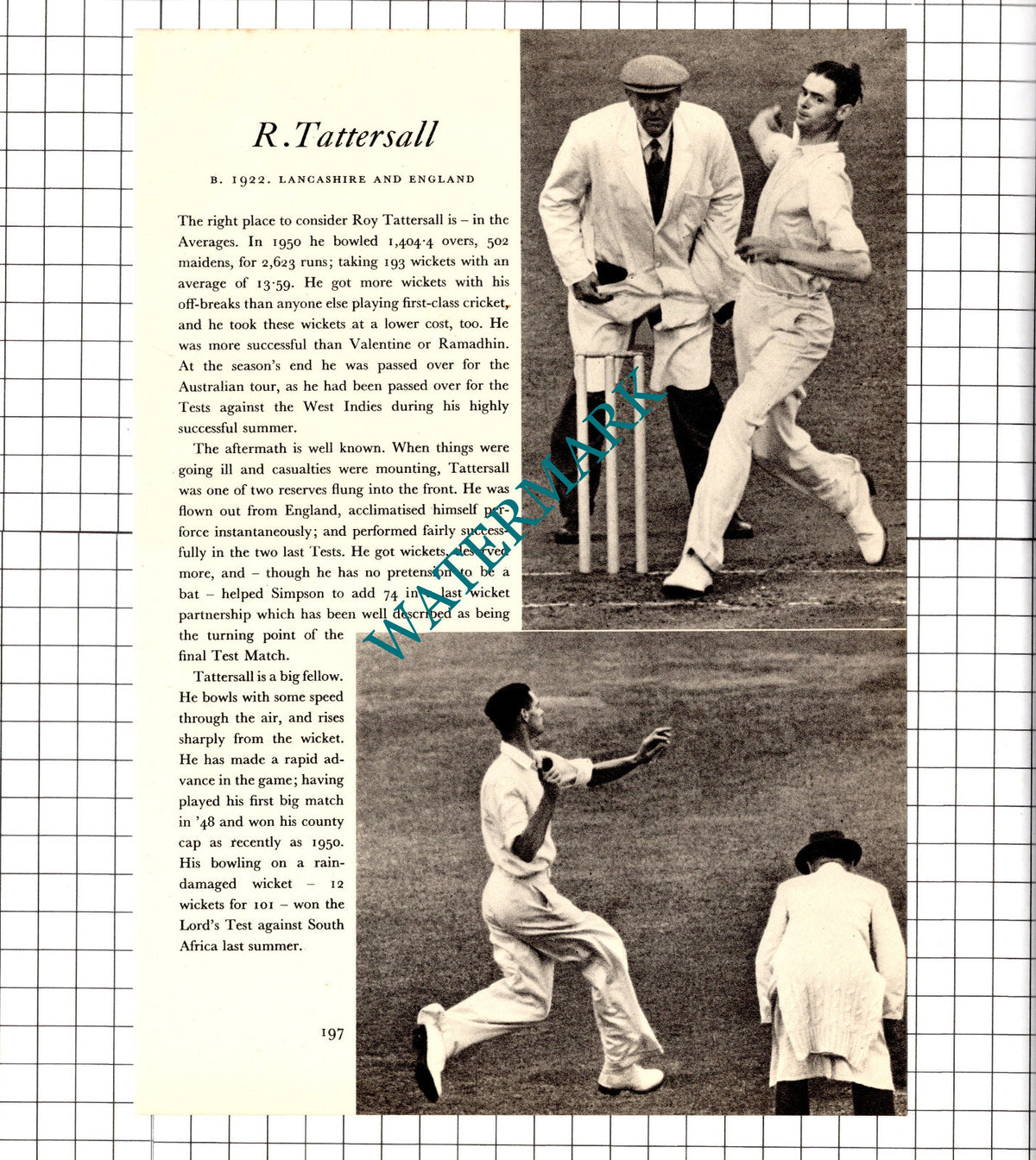 Roy Tattersall Cricketer / Arthur Morris Cricket - 1952 Book Print
