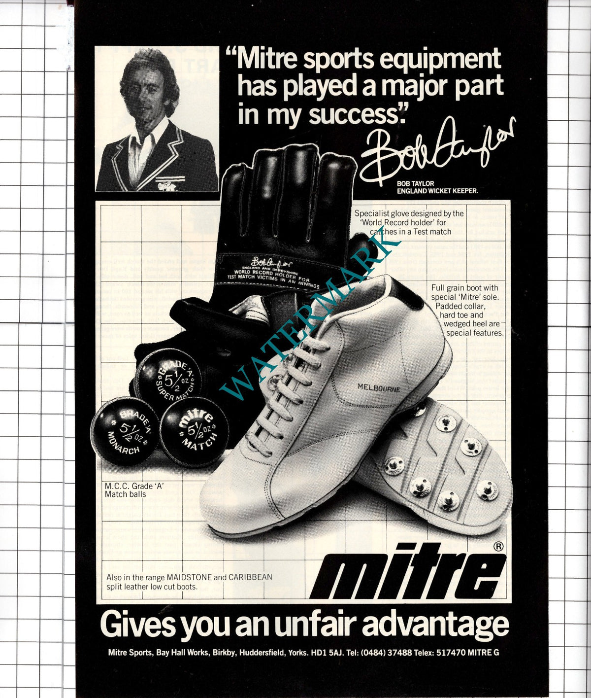 Bob Taylor Wicket Keeper Cricket Mitre Sports Birkby Yorkshire  - 1982 Advert