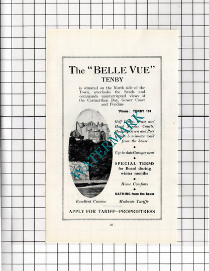South Beach Hotel Tenby Wales Llewellyn Rees Belle Vue Tenby - 1936 Small Advert