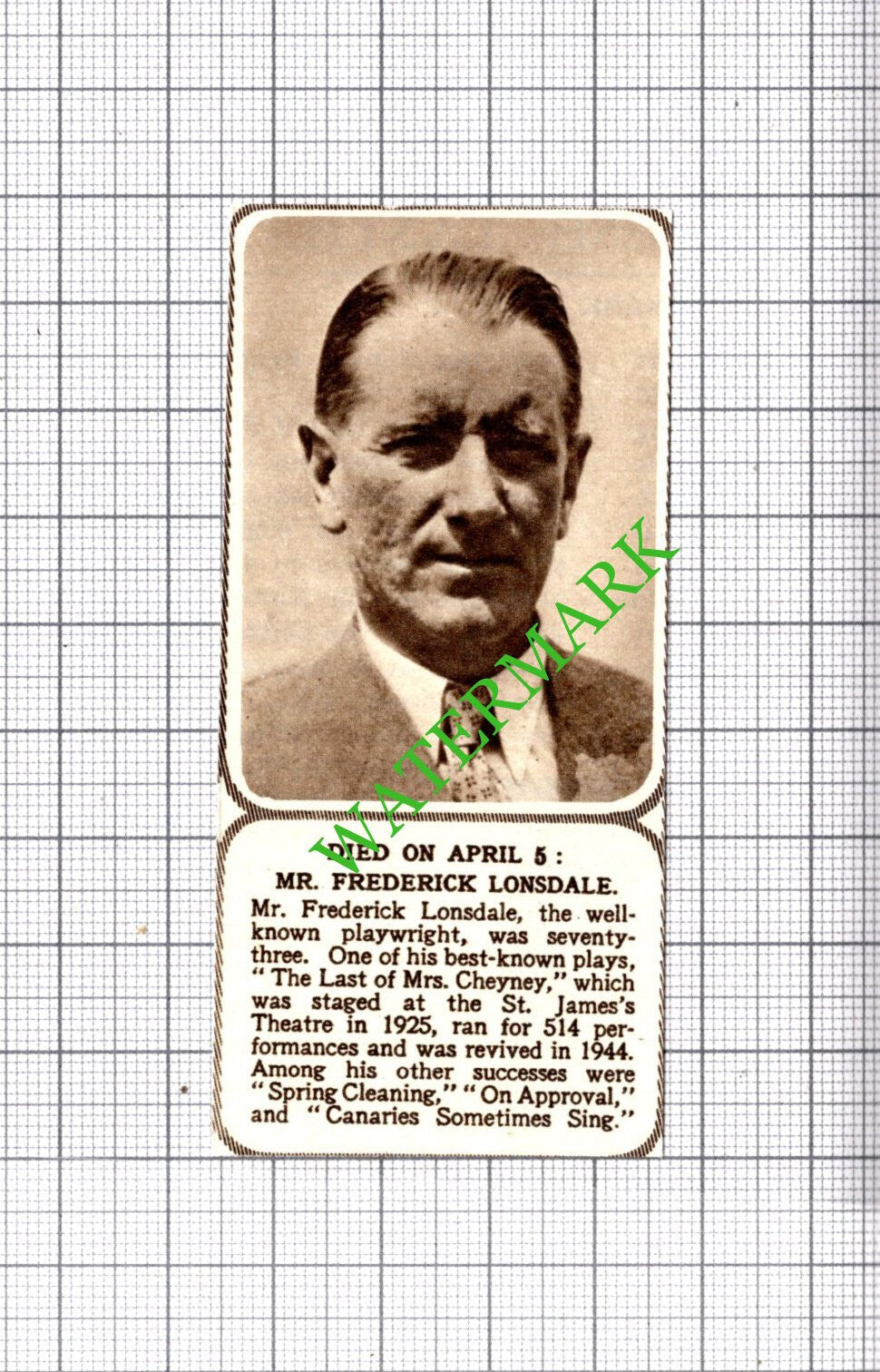 Mr Frederick Lonsdale Playwright Obituary - 1954 Small Cutting