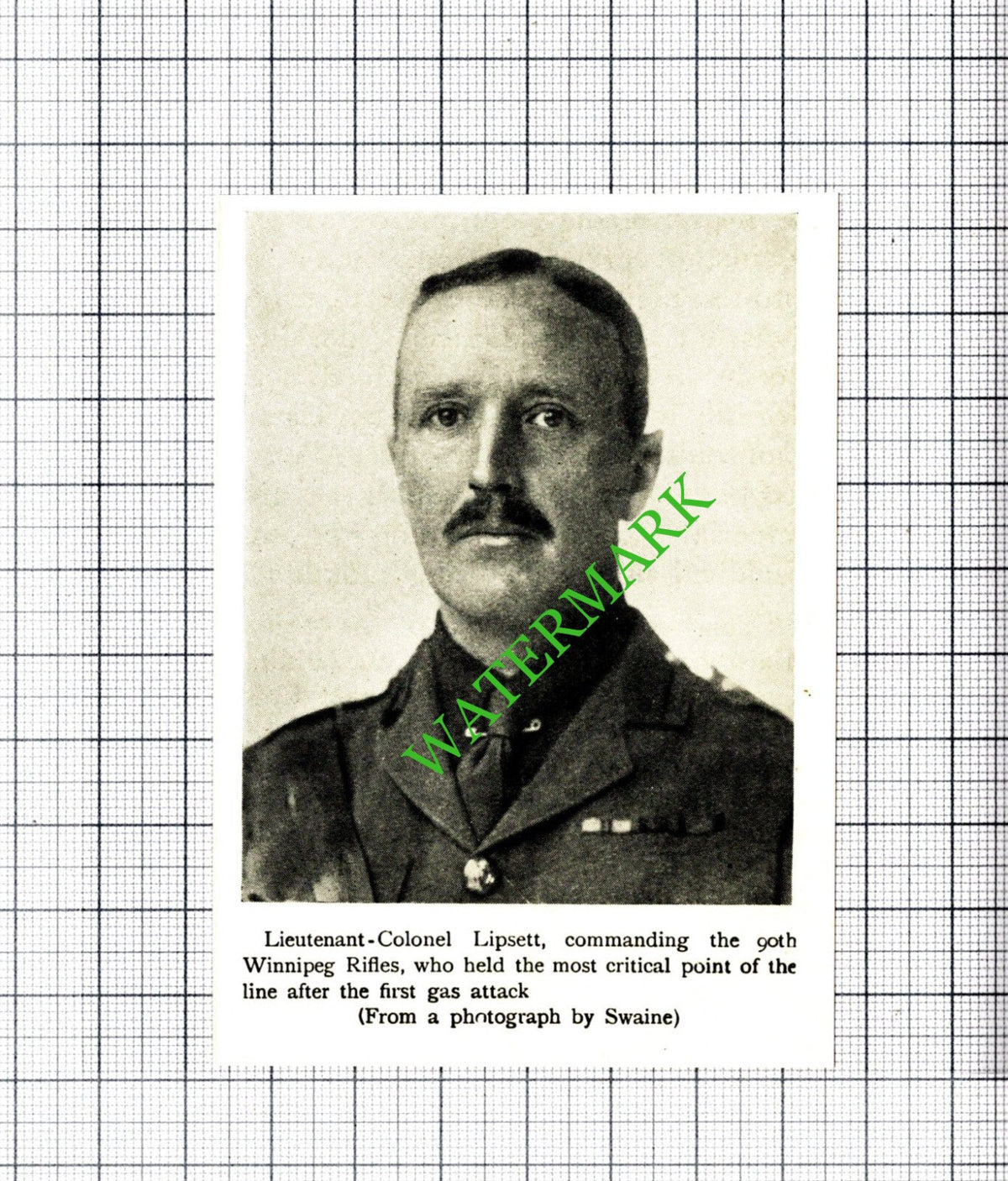 Lt Col Lipsett 90th Winnipeg Rifles WW1 Great War -  c.1920 Small Cutting
