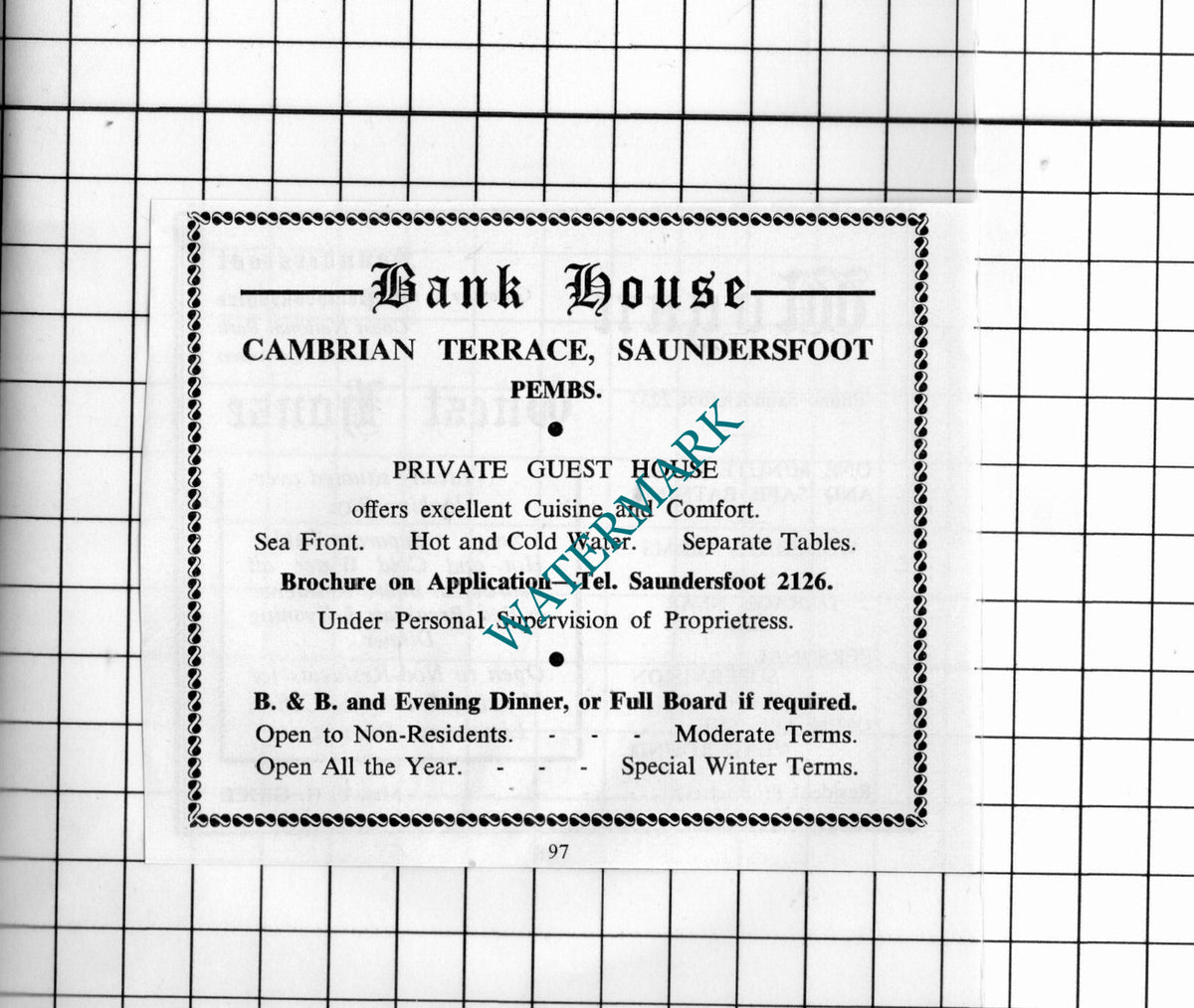 Bank House Saundersfoot Wales / Wogan Guest House Mrs Grice- 1962 Small Advert