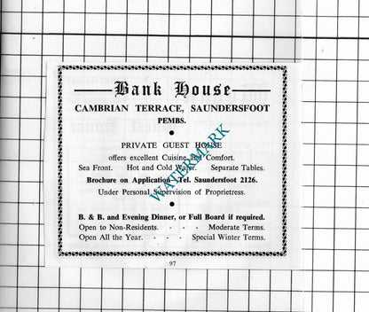 Bank House Saundersfoot Wales / Wogan Guest House Mrs Grice- 1962 Small Advert
