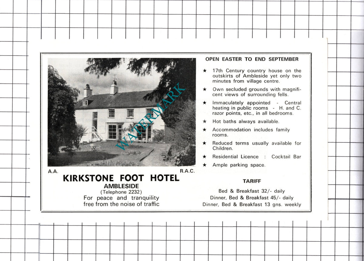 Kirkstone Foot Hotel Ambleside / Riverside Hotel Hamilton Advert- c.1968 Cutting