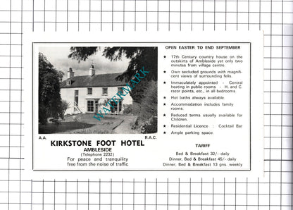 Kirkstone Foot Hotel Ambleside / Riverside Hotel Hamilton Advert- c.1968 Cutting