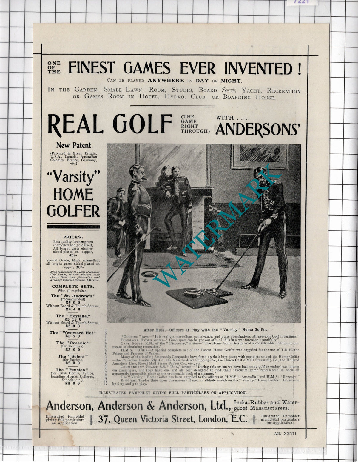Anderson Anderson & Anderson Ltd Varsity Home Golfer ADVERT ONLY!   1902 Cutting