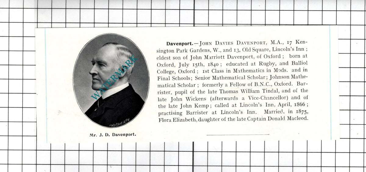 John Davies Davenport  13 Old Square Lincoln's Inn London -  c.1905 Clipping
