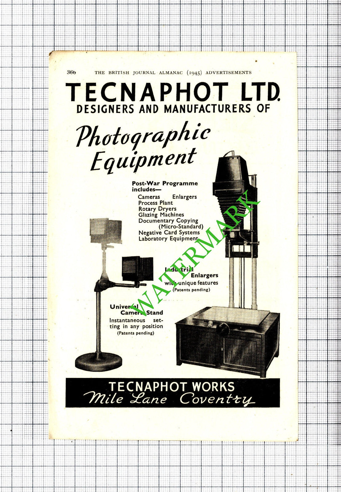 Tecnaphot Ltd Coventry Photographic Small Advert - 1945 Cutting