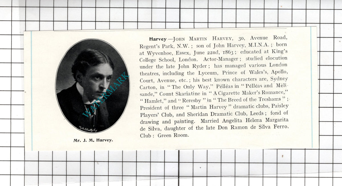 Mr John Martin Harvey Actor Wyvenhoe Essex -  c.1905 Clipping