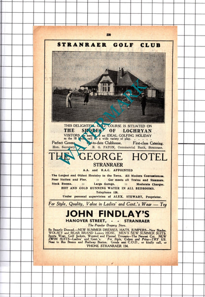Stranraer Scotland Holiday Advert / Stranraer Golf Club Advert  -  1939 Cutting
