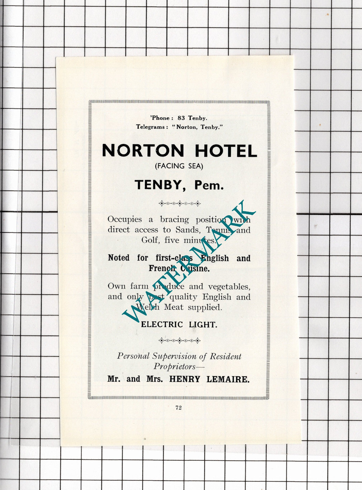 Norton Hotel Tenby Wales  Mr Henry Lemaire Small ADVERT  -  1936 Clipping