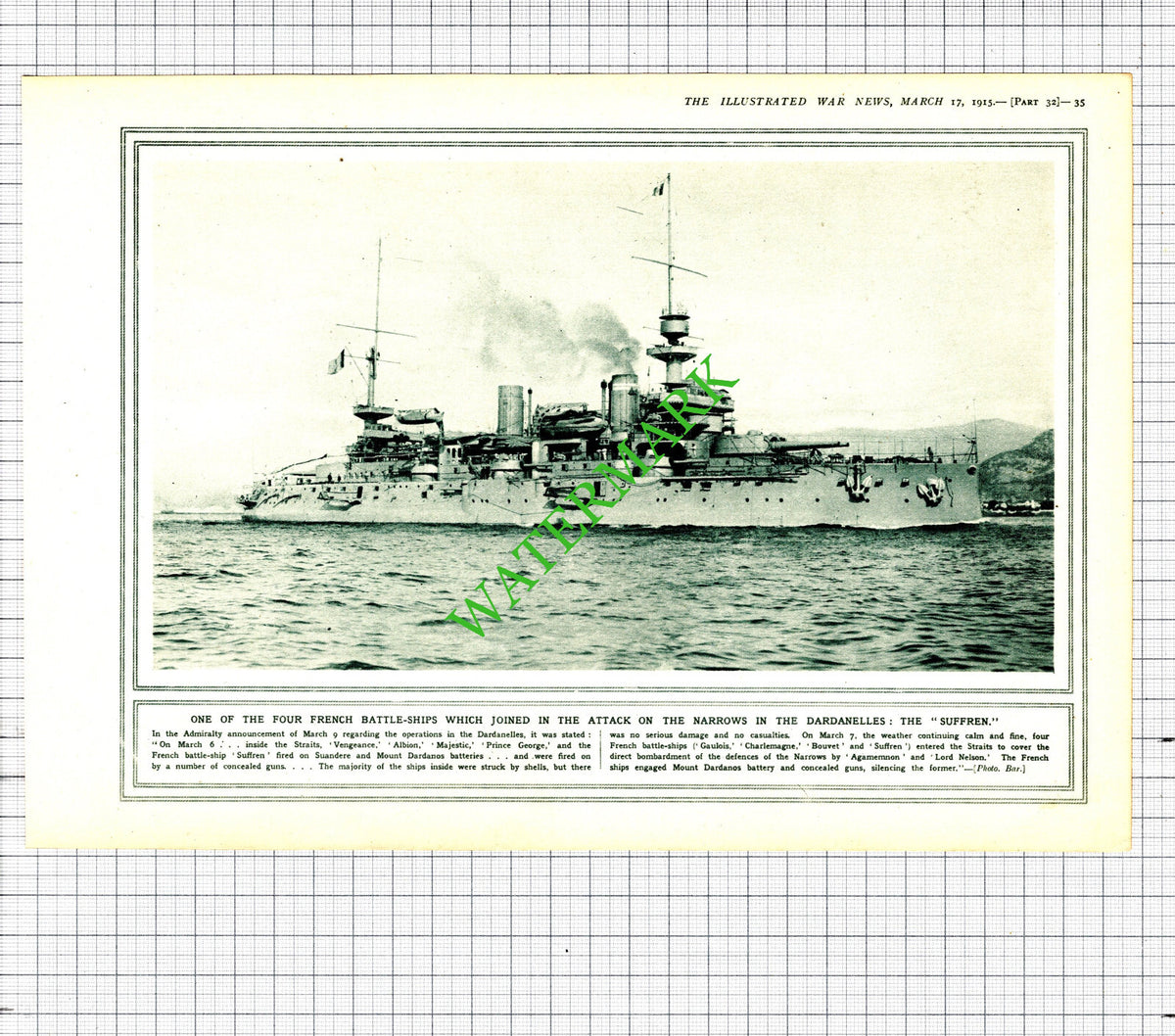 SUFFREN French Battle Ship WW1 World War One Dardanelles - 1915 Cutting / Print