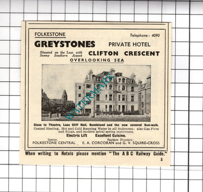Greystone Hotel Folkestone Squire-Cross / Lyndhurst AJ Dare Advert -1958 Cutting