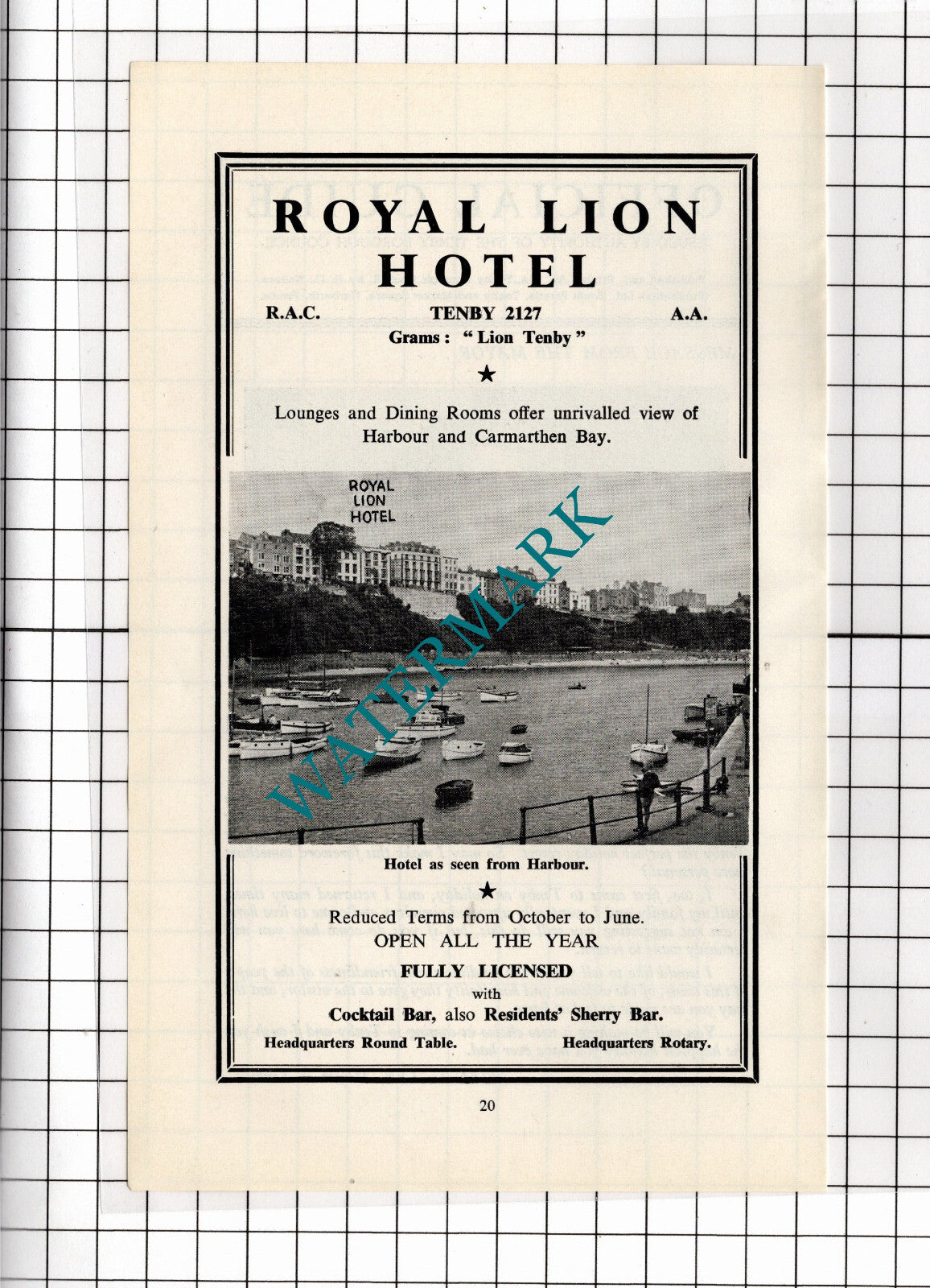 Royal Lion Hotel Tenby Wales  ADVERT - 1962 Clipping