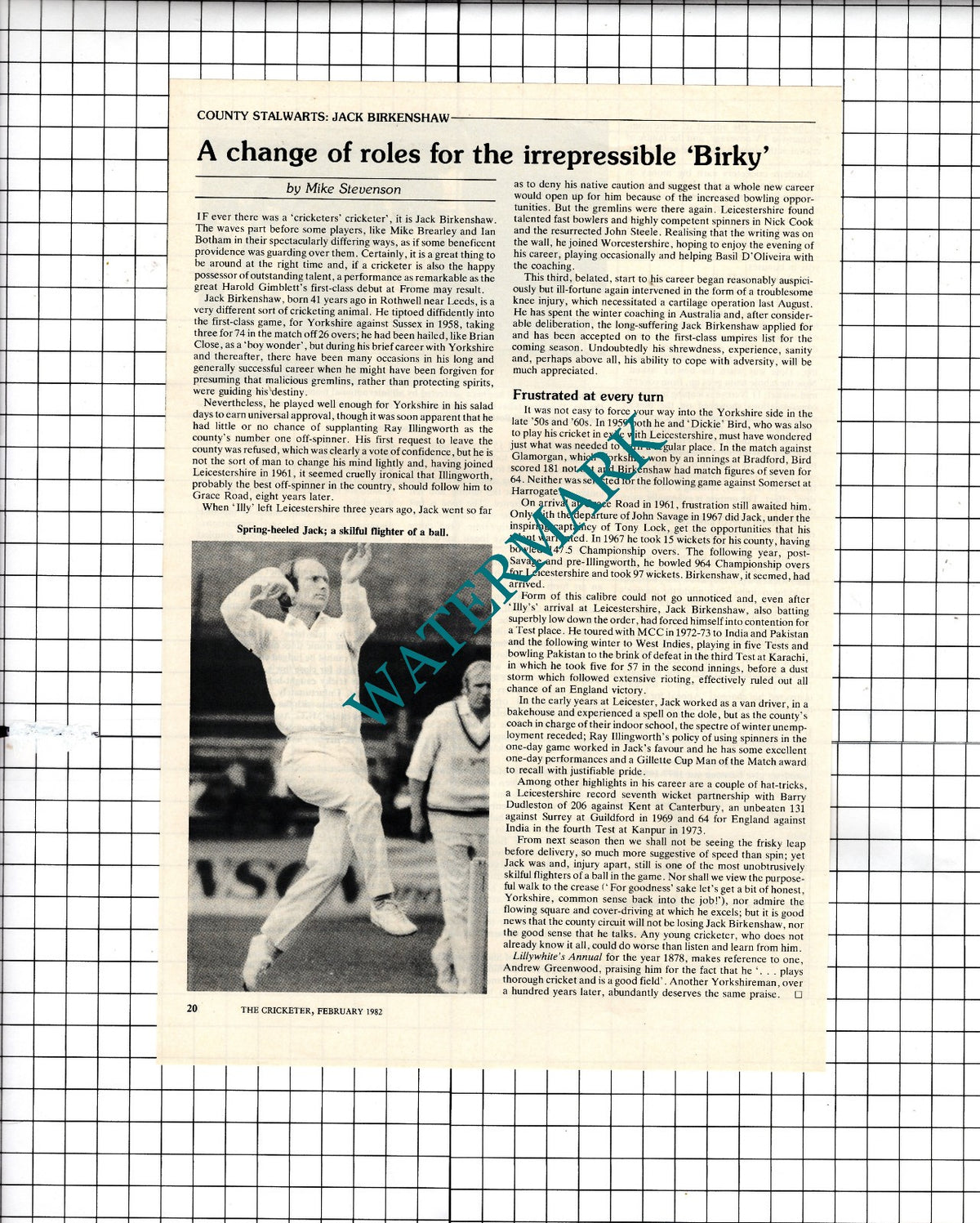 Jack Birkenshaw Cricketer Cricket - 1982 Article