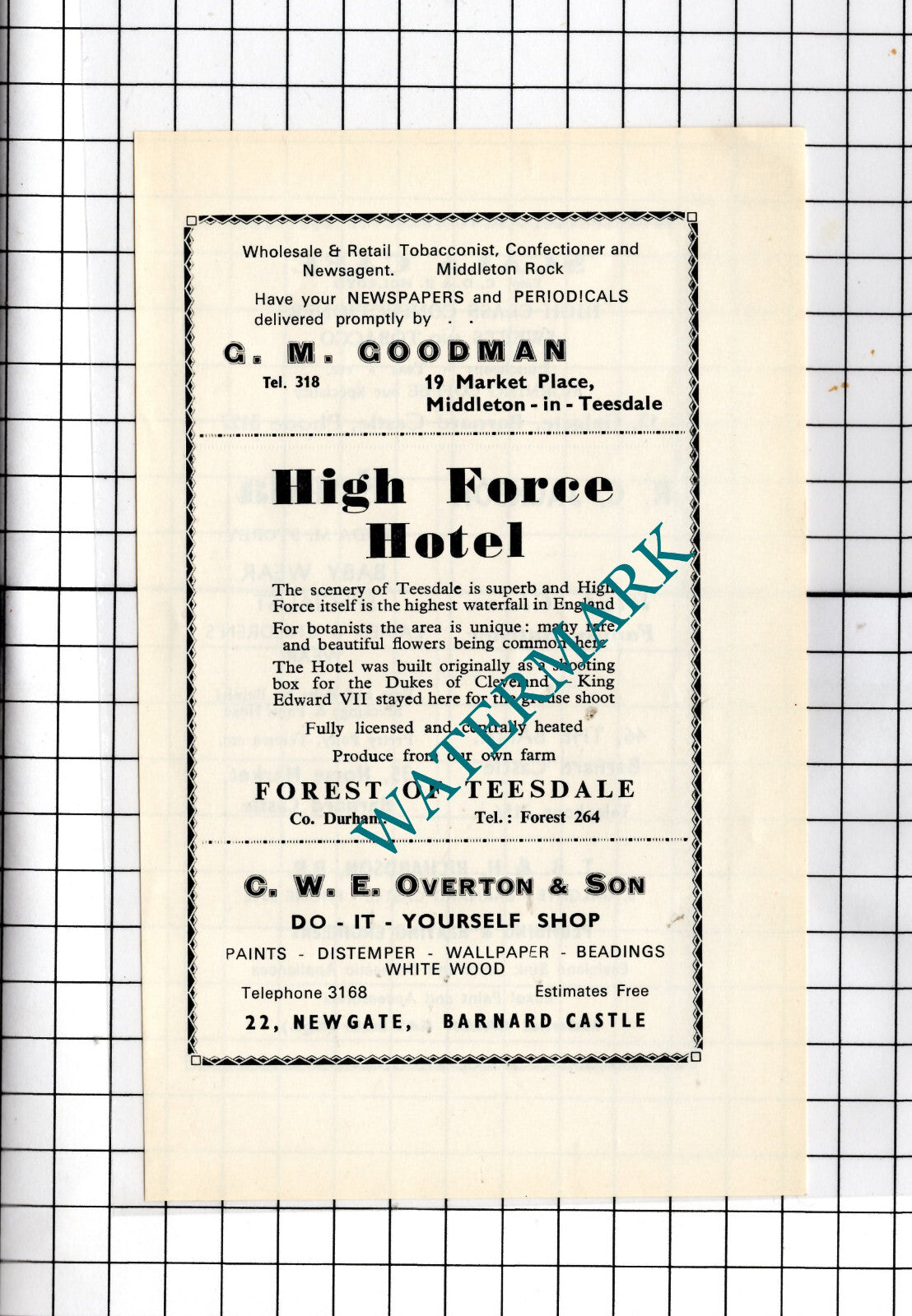 High Force Hotel CWE Overton  G M Goodman Barnard Castle  - 1969 Small Advert