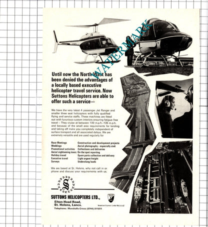 Gladstone Motors Liverpool  / Suttons Helicopters Ltd St Helens -  1974 Clipping
