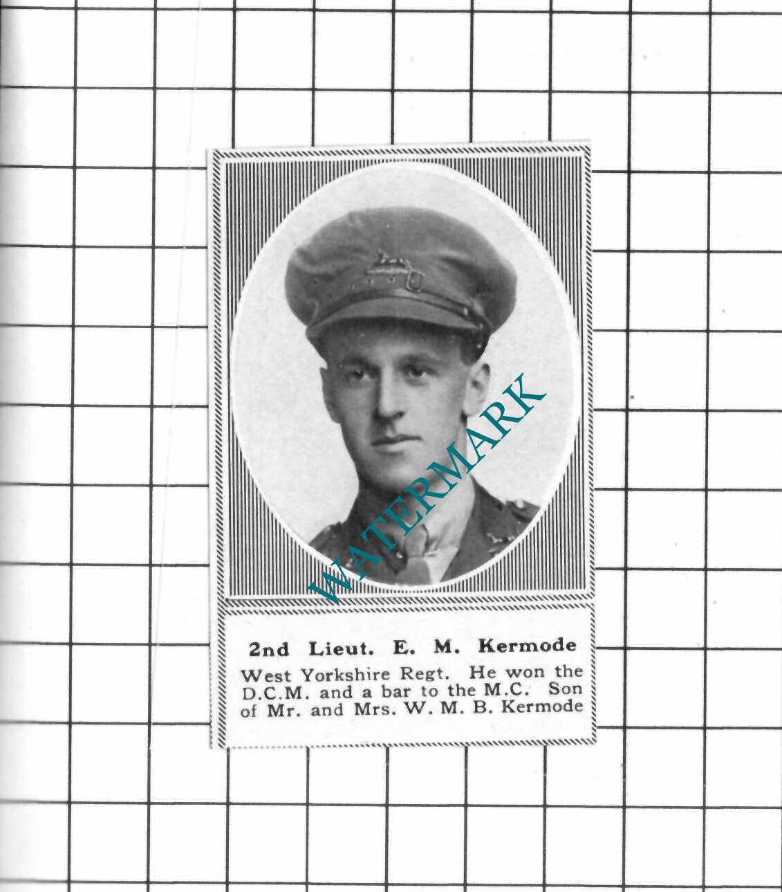 2nd Lt E M Kermode West Yorkshire Regt - c.1918 SMALL Clipping / Print