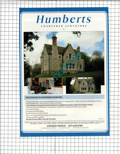 Vicarage Fosbury Estate Wiltshire Teulon / Leathley Yorkshire - 1990 Sale Advert