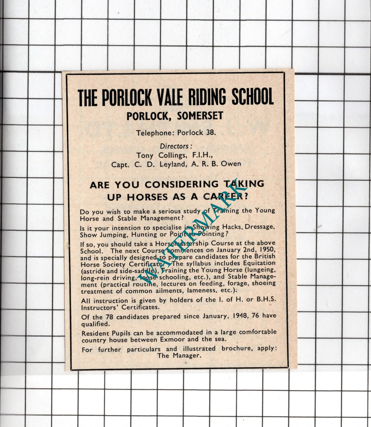 The Porlock Vale Riding School Somerset Tony Collings  - 1949 Small Advert