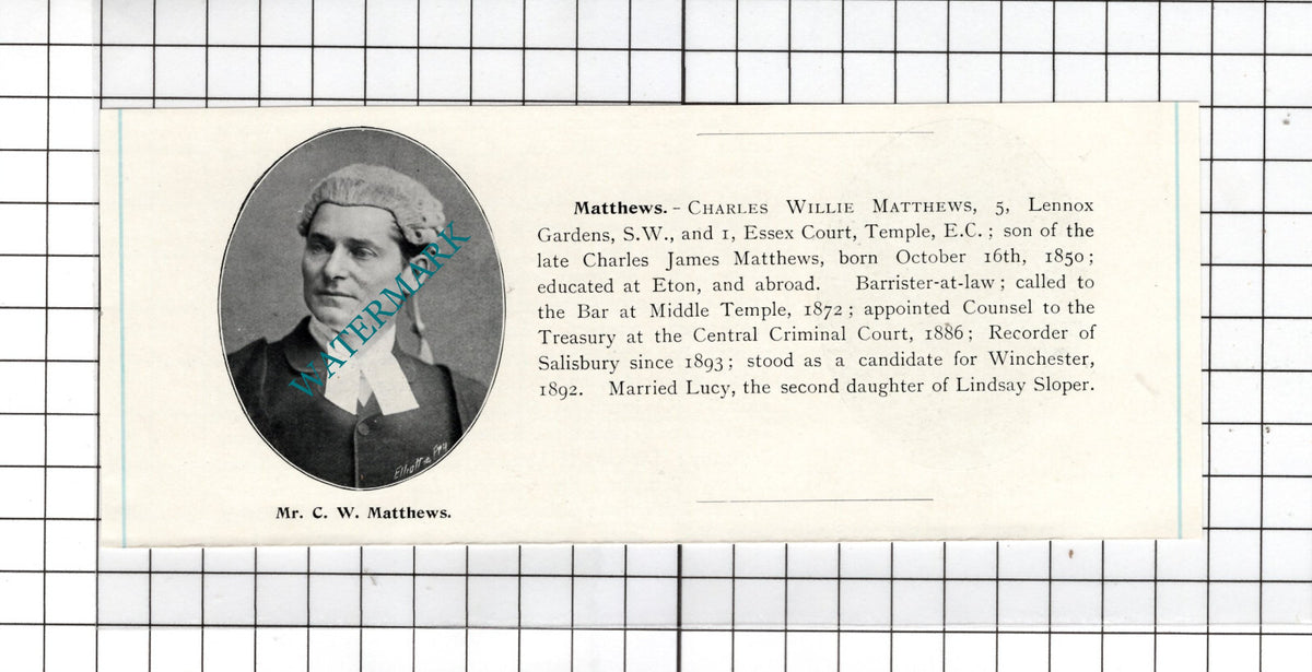 Charles Willie Matthews 5 Lennox Gardens London - c.1905 Clipping