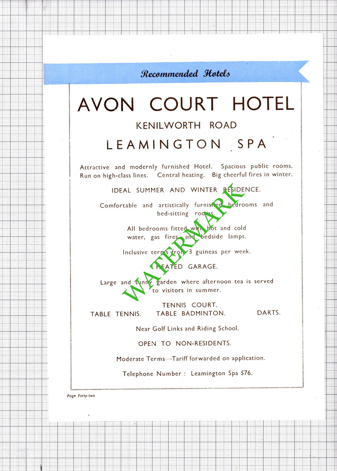 Armathwaite Hotel Leamington Spa  Hodges Avon Court Hotel Advert -1930s Cutting