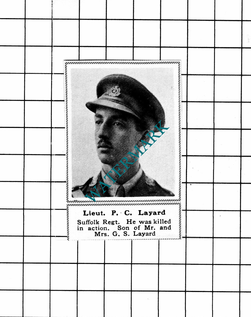 Lt P C Layard Suffolk Regiment WW1 Great War - c.1918 SMALL Clipping
