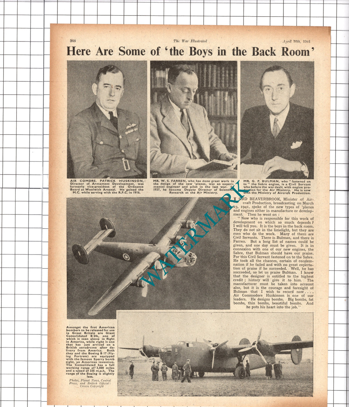 Air Com Patrick Huskinson Farren GP Bulman World War Two - 1941 Cutting / Print