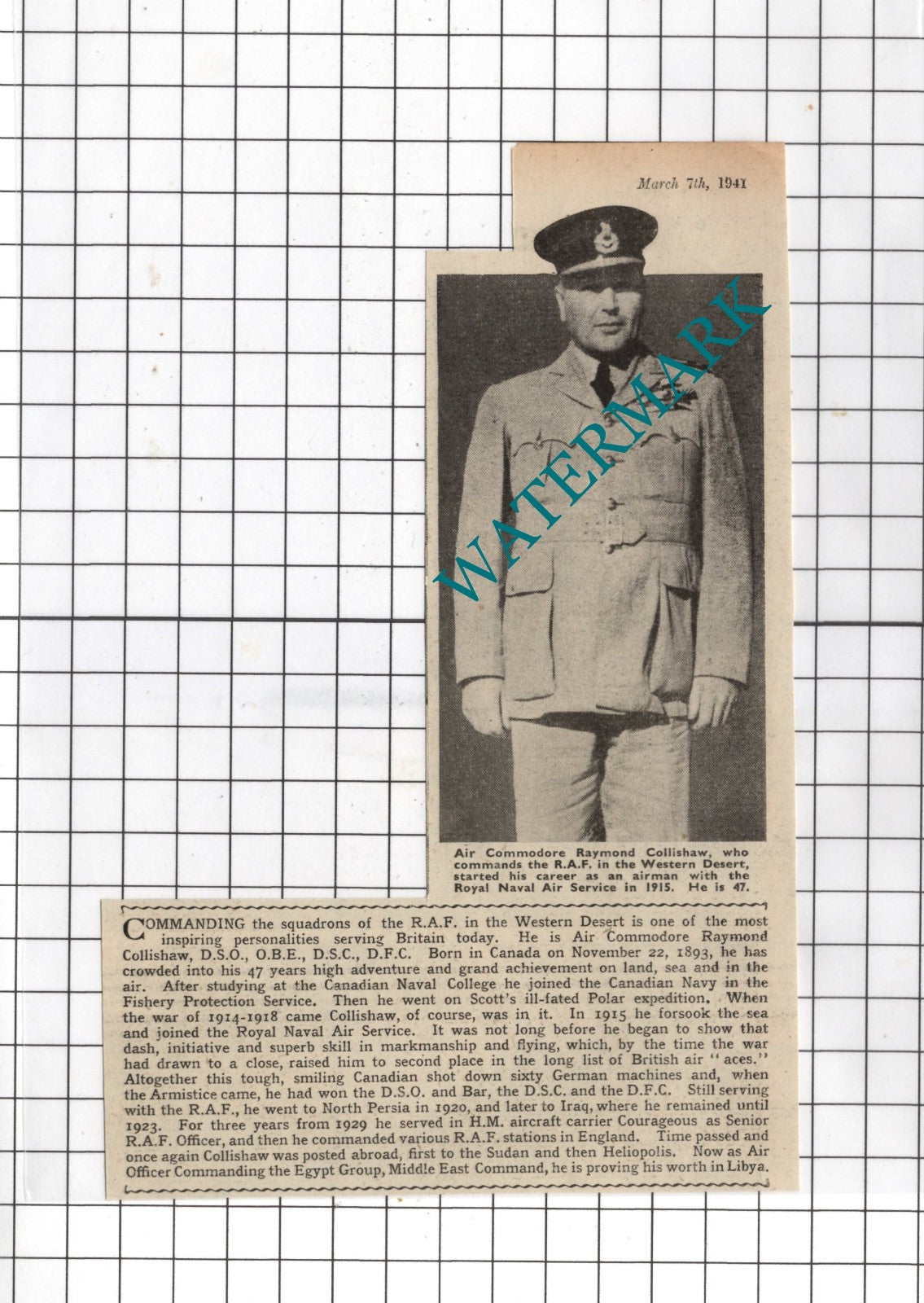 Air Commodore Raymond Collishaw RAF WW2  - 1941 News Clipping