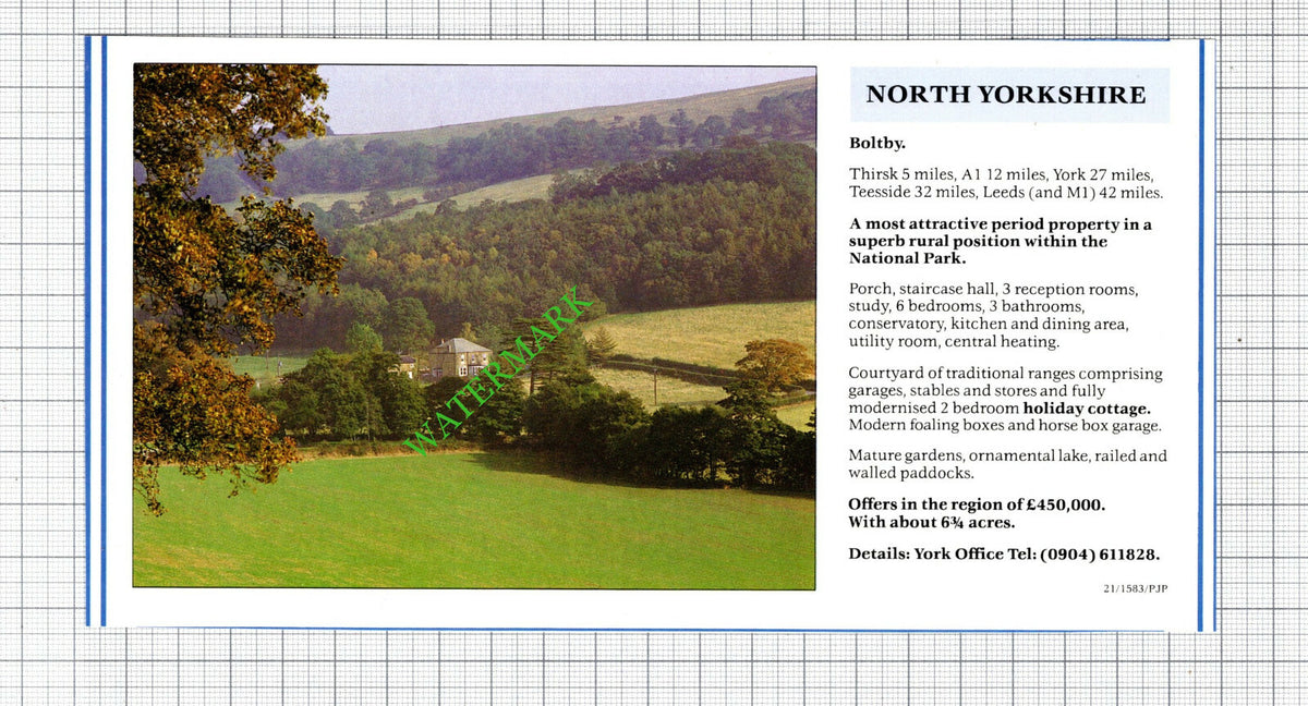 Boltby North Yorkshire House Sale Advert - 1991 Cutting